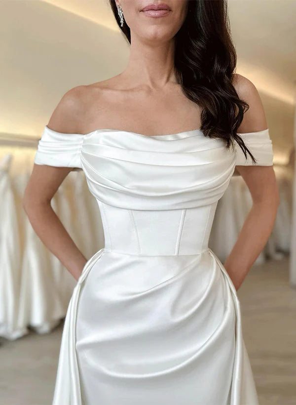 Luolandi Off-The-Shoulder Cowl Neck Satin Wedding Dresses Floor Length Solid Color Simple Elegant