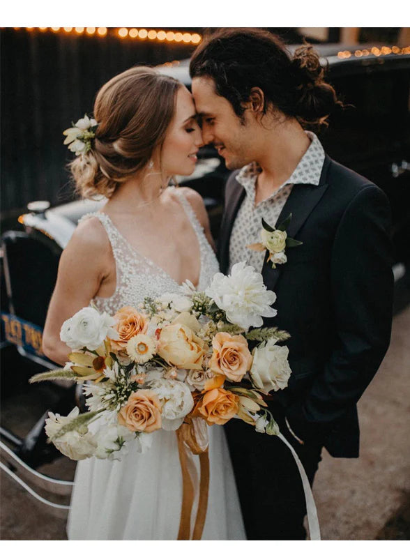 Luolandi Tulle V-neck Neckline A-line Wedding Dresses With Pearls Floor Length Sexy