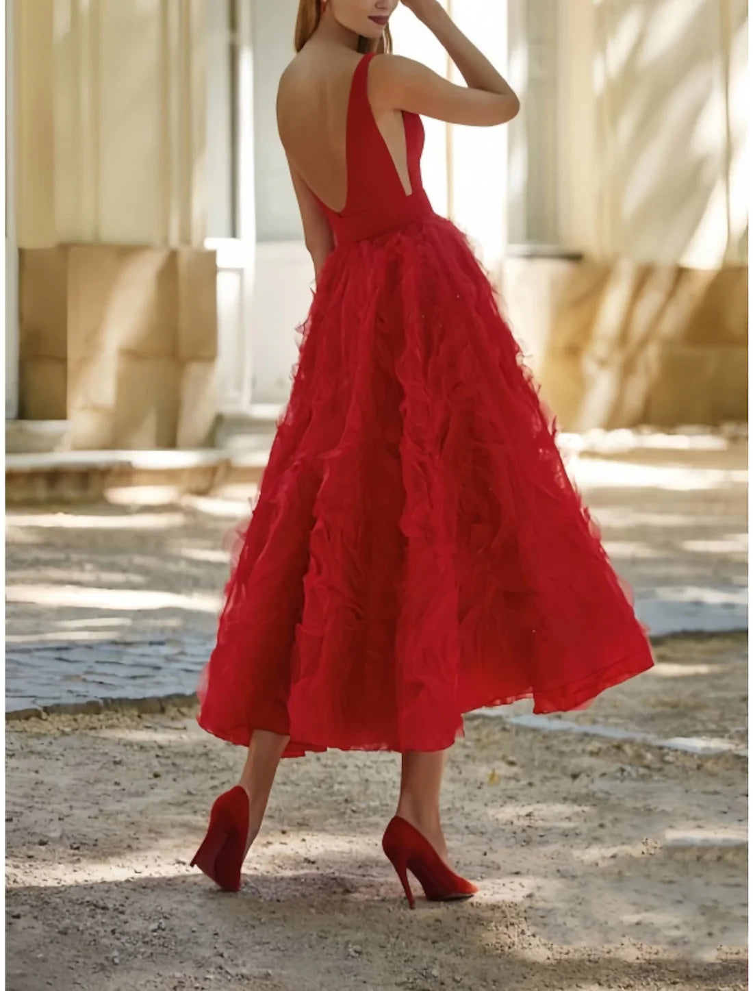 Luolandi A-Line Evening Gown Elegant Dress Wedding Guest Birthday Tea Length Sleeveless V Neck Belt / Sash Lace with Pleats Sexy