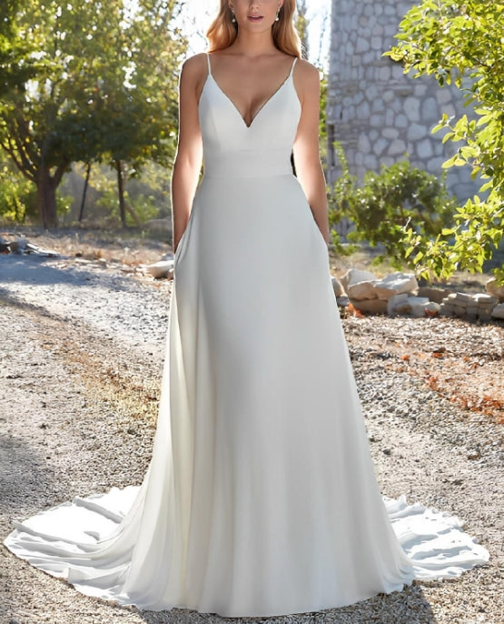 Luolandi A-Line Chiffon Wedding Dresses With Court Train V-neck Sleeveless Floor Length Simple