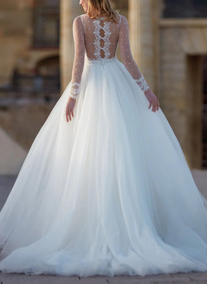 Luolandi Ball-Gown Tulle Wedding Dresses With Long Sleeves And V-Neck Floor Length Sexy