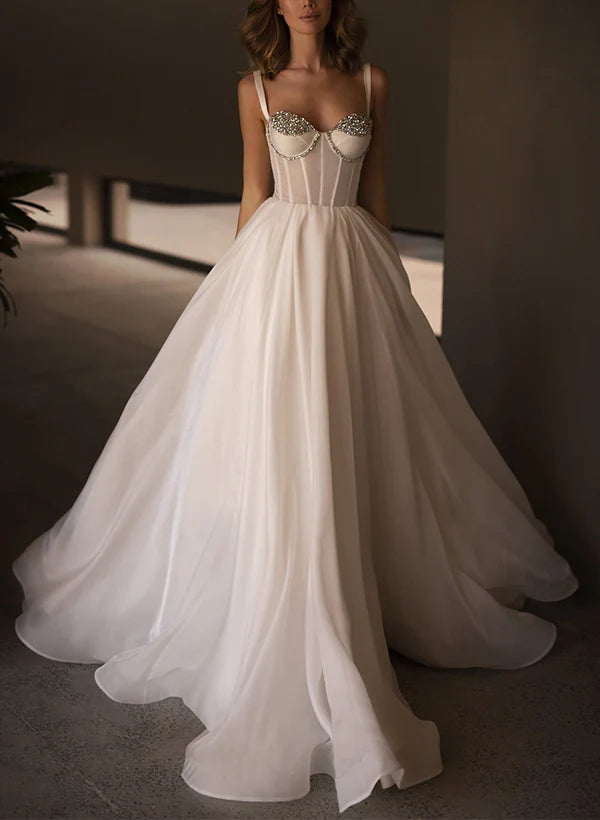 Luolandi Sweetheart Sleeveless Organza Wedding Dresses With Rhinestone Floor Length Sexy