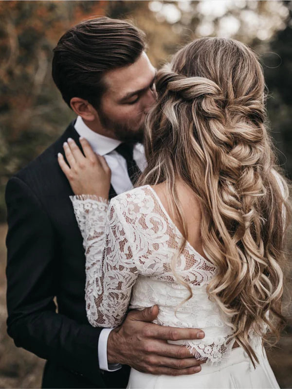 Luolandi Two Pieces Wedding Dresses Lace Long Sleeves A-line Bridal Gowns Elegant