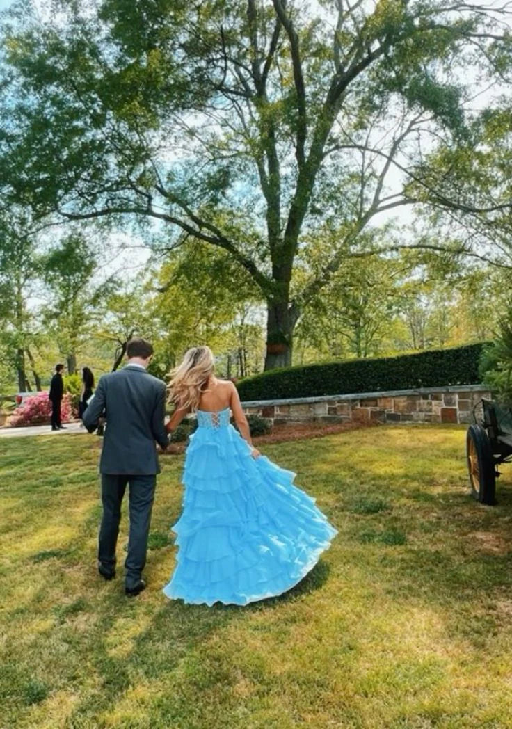 Luolandi Light Blue Sweetheart A-Line Tiered Choffon Long Party Dress Off Shoulder Prom Dress Evening Dress