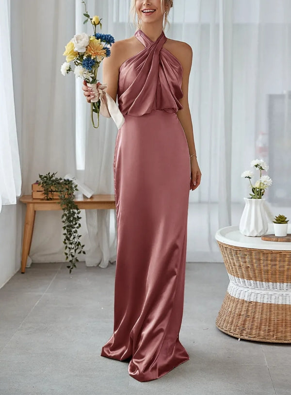 Luolandi Dusty Sage Halter Sheath Satin Bridesmaid Dress Elegant Evening Party Dress Formal Dress