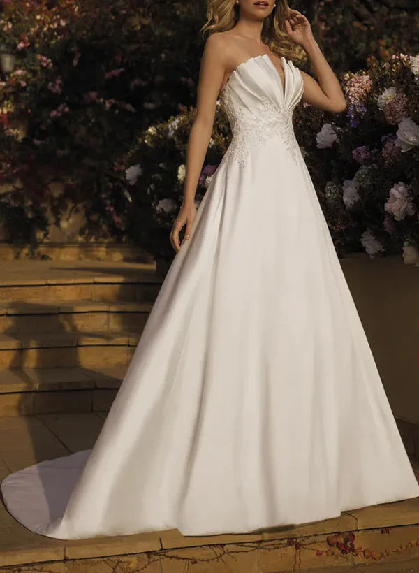 Luolandi A-Line V-Neck Sleeveless Court Train Satin Wedding Dresses With Lace Off Shoulder Elegant