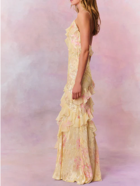 Luolandi Yellow Straps Ruffles Long Party Dress Weding Guest Dress Charming Evening Dress Formal Dress