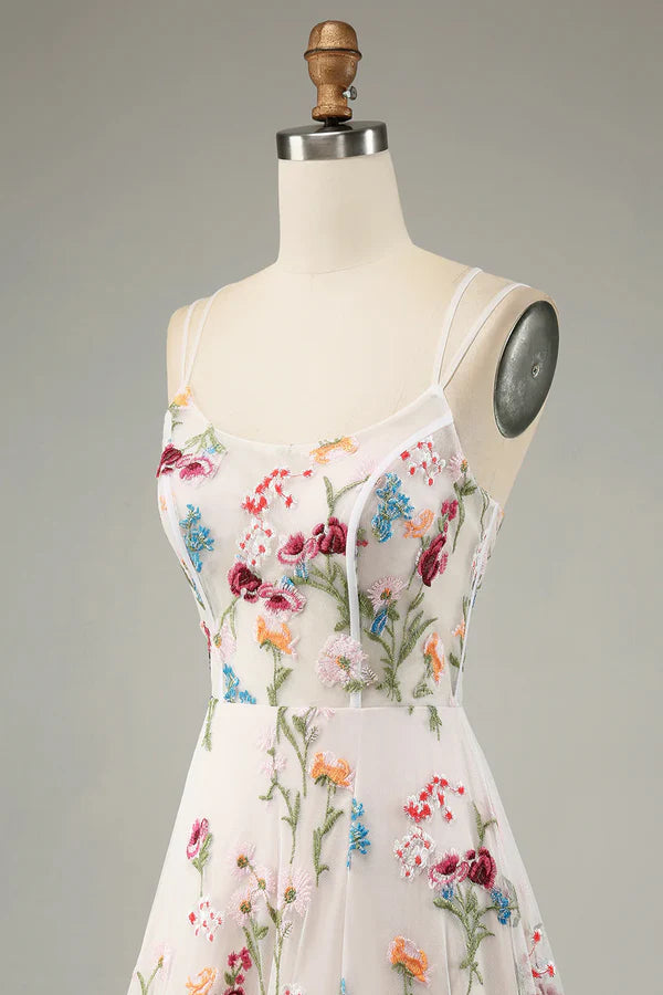 Luolandi Ivory Flower A-Line Spaghetti Straps Corset Long Prom Dress With Slit Beautiful