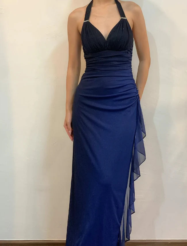 Luolandi Halter Navy Blue Long Chiffon Prom Dress Elegant Evening Party Dress Formal Dress