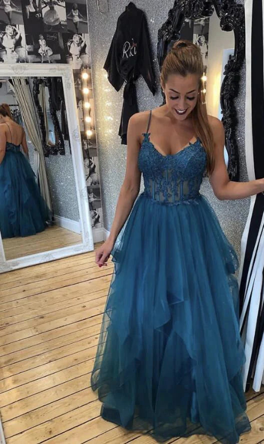 Luolandi Elegant Blue Tulle Lace Long Prom Dress Charming Evening Dress with Appliques