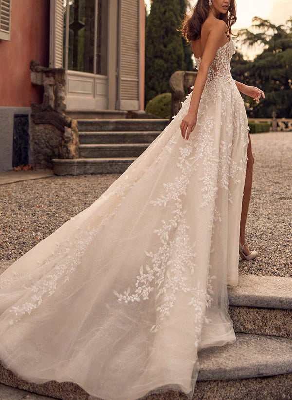 Luolandi Sleeveless Lace Wedding Dresses With Appliques Lace Off Shoulder Elegant With Slit