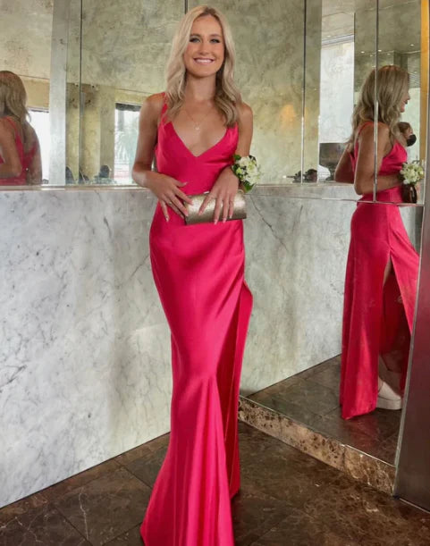 Luolandi Rose Red V Neck Satin Long prom Dress with Slit Simple Sexy Party Dress Formal Dress