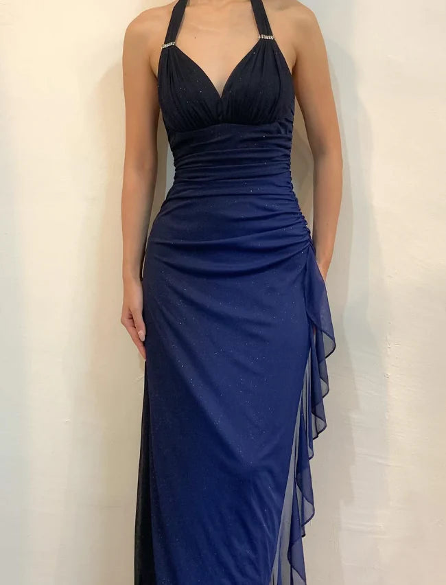 Luolandi Halter Navy Blue Long Chiffon Prom Dress Elegant Evening Party Dress Formal Dress