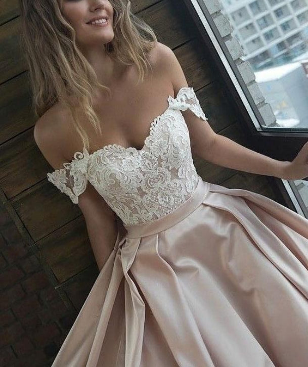 Luolandi Exquisite Satin Off-the-shoulder Neckline A-line Prom Dresses With Appliques Sexy Evening Dress