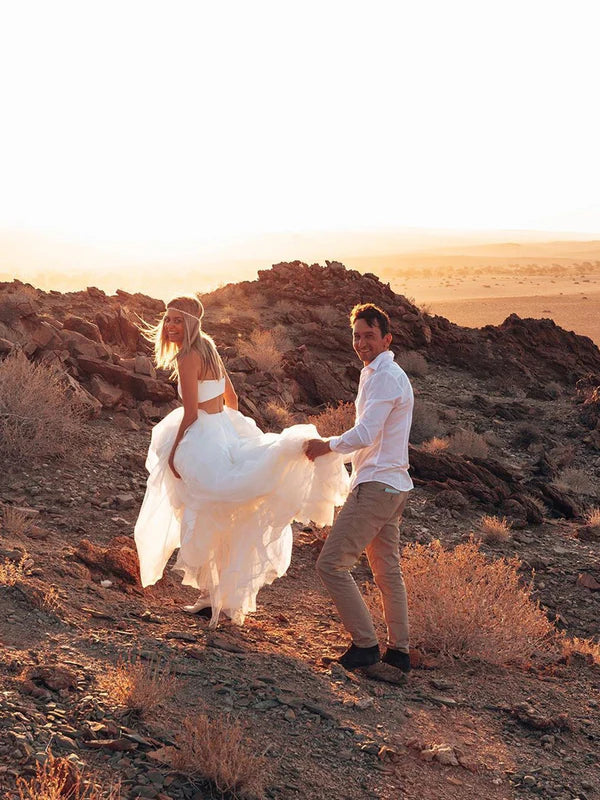 Luolandi Two-pieces A-line Tiered Tulle Strapless Sweep Train Wedding Dresses Off Shoulder Floor Length