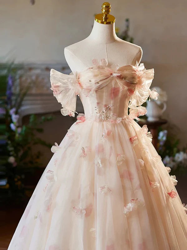 Luolandi A-Line Off Shoulder Tulle Champagne Long Prom Dress Formal Dress Quinceanera Dress Beautiful