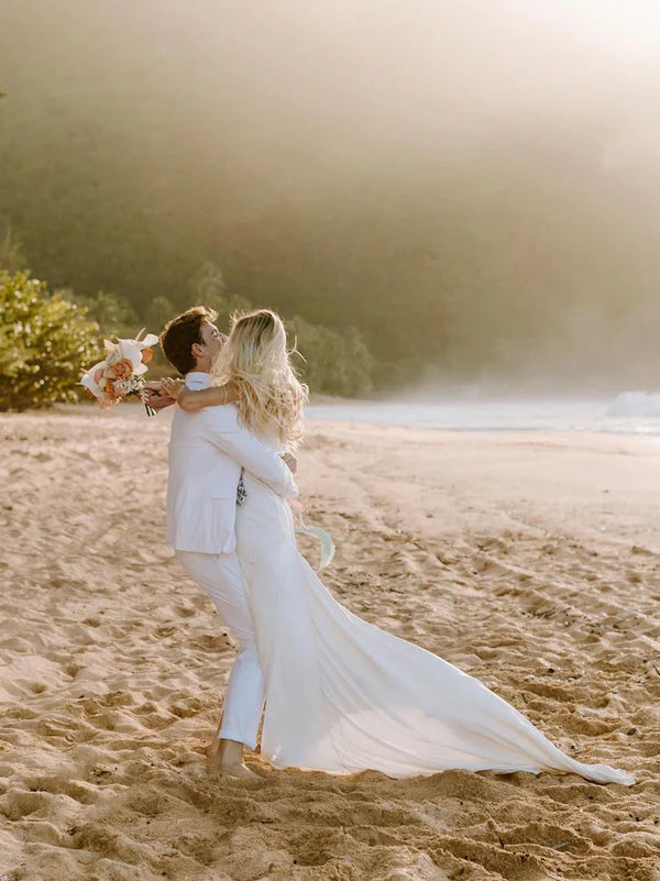 Luolandi Sexy Satin Two-pieces A-line Straight Sleeveless High-Waist Strapless Sweep Train Wedding Dresses Simple