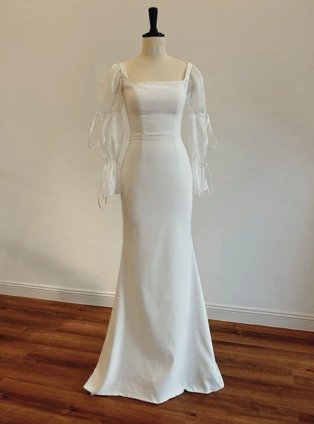 Luolandi Square Neck Long Sleeves Mermaid Long Prom Dress Light Wedding Dress Elegant