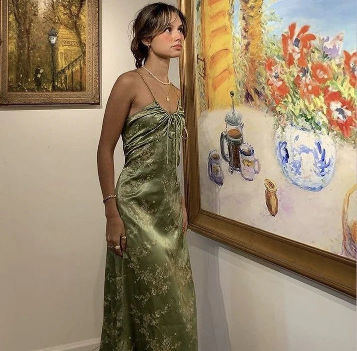 Luolandi Green Vintage Printed Satin Midi Length Party Dress Formal Dress Charming