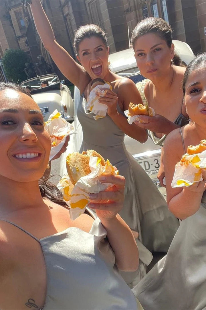 Luolandi Dusty Blue Straps Cowl Neck Satin Long Bridesmaid Dress with Slit Simple Party Dress