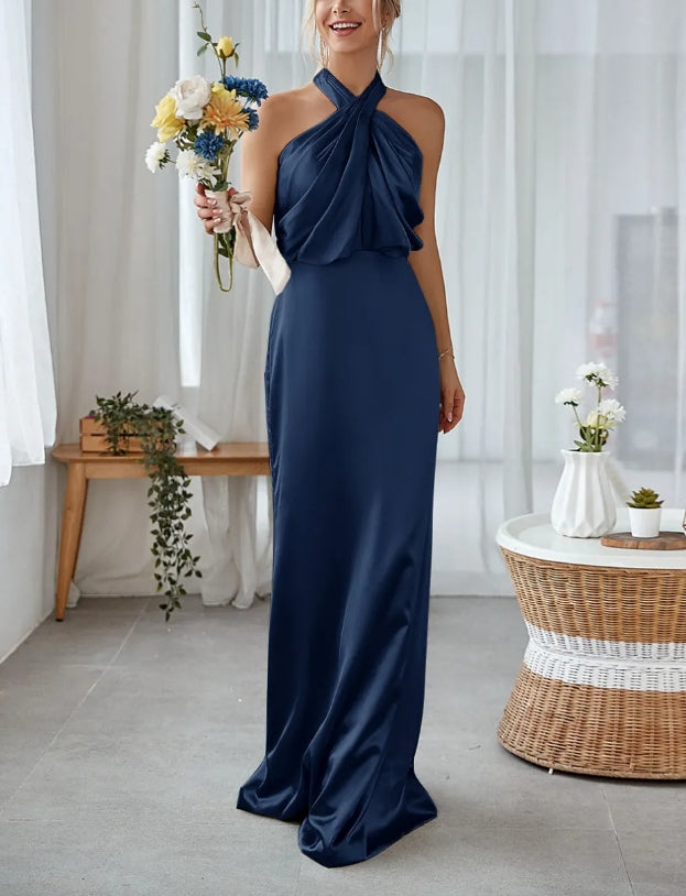 Luolandi Dusty Sage Halter Sheath Satin Bridesmaid Dress Elegant Evening Party Dress Formal Dress