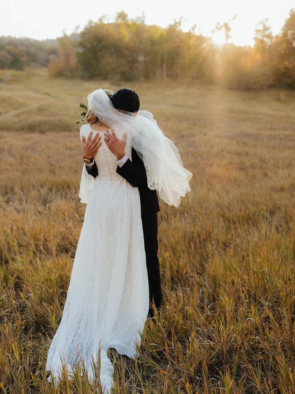 Luolandi Beautiful Long Sleeves Lace Wedding Dresses A-Line Bridal Gowns V-neck Elegant