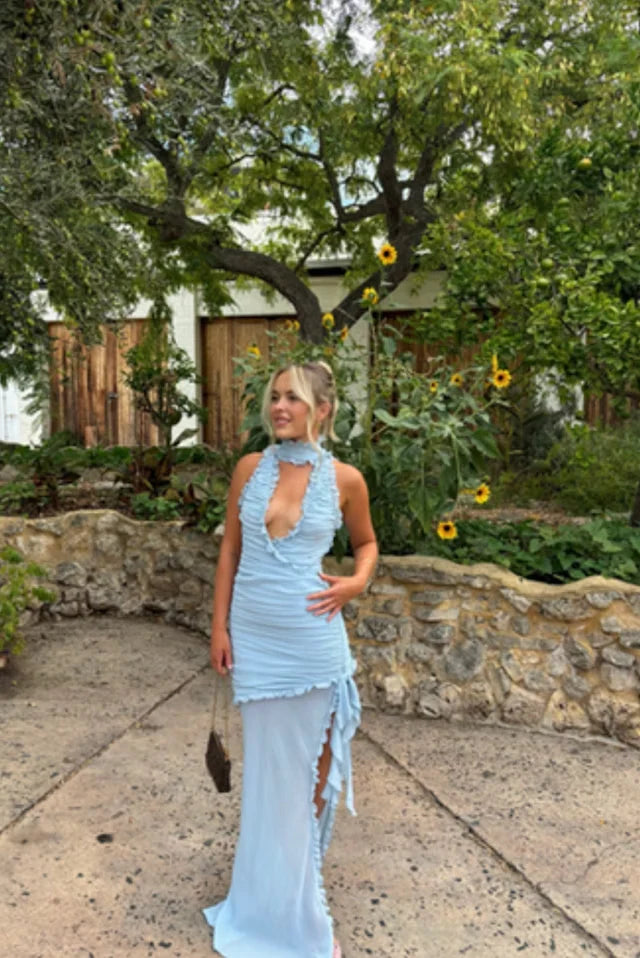 Luolandi Light Blue Mermaid Halter Ruffle Chiffon Prom Dress Evening Dress with Slit Party Dress