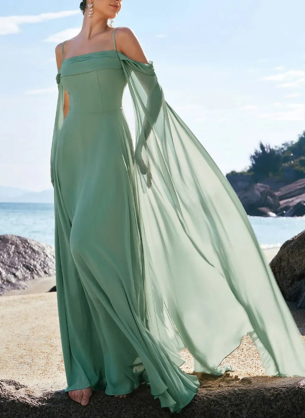 Luolandi Light Green Cold Shoulder A-Line Chiffon Watteau Train Bridesmaid Dress Charming Evening Party Dress Formal Dress