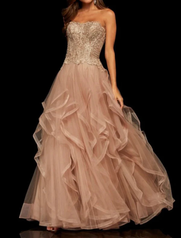 Luolandi A-Line Party Dress Elegant Vintage Engagement Formal Evening Dress Strapless Sleeveless Floor Length Tulle with Tier Embroidery Prom Dress