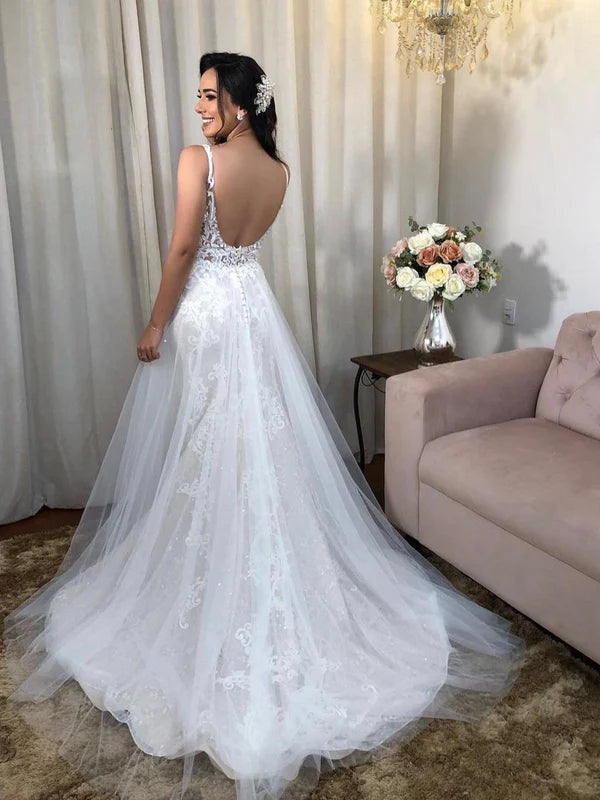 Luolandi Fabulous V-Neck Backless Appliques Tulle Mermaid Wedding Dresses Floor Length Beautiful