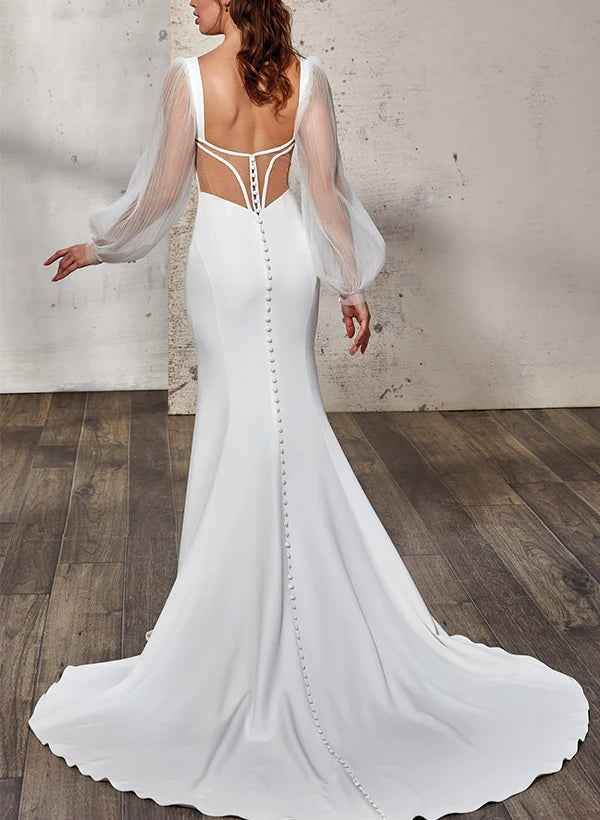 Luolandi Elegant Trumpet Mermaid V-Neck Long Sleeves Wedding Gowns Floor Length Simple Wedding Dress