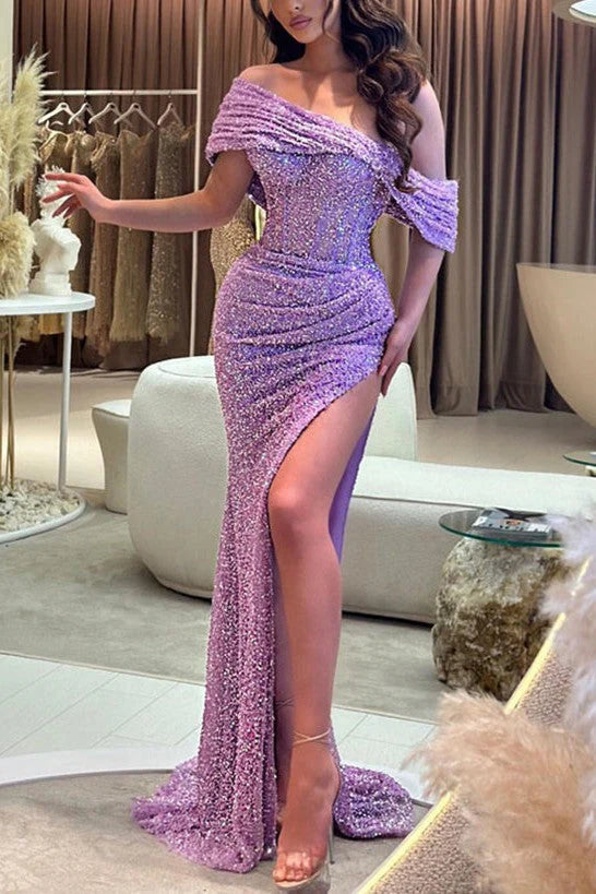Luolandi Lilac Sheath/Column Off The Shoulder Prom Dresses With Slit Sparkly Evening Dress