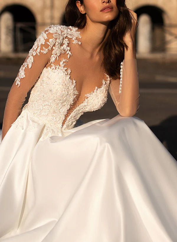 Luolandi V-Neck Long Sleeves Satin Wedding Dresses With Appliques Lace Floor Length Elegant