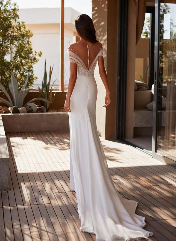 Luolandi Charming Illusion Neck Short Sleeves Sweep Train Long Wedding Dresses With Beading Elegant Bridal Gown