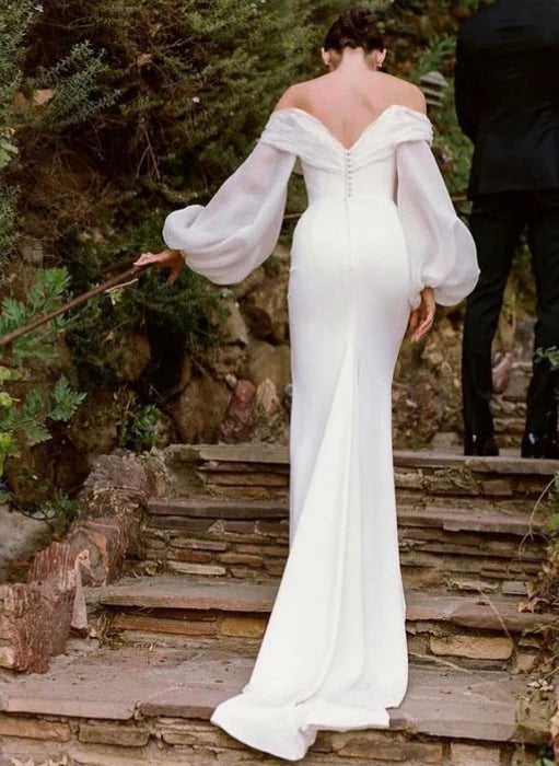 Luolandi Off-The-Shoulder Wedding Dresses With Long Puff Sleeves Floor Length With Slit Simple