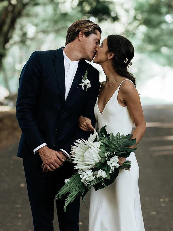 Luolandi Simple Spaghetti Straps Satin Sheath Wedding Dresses With Sweep Train Solid Color Bridal Gown