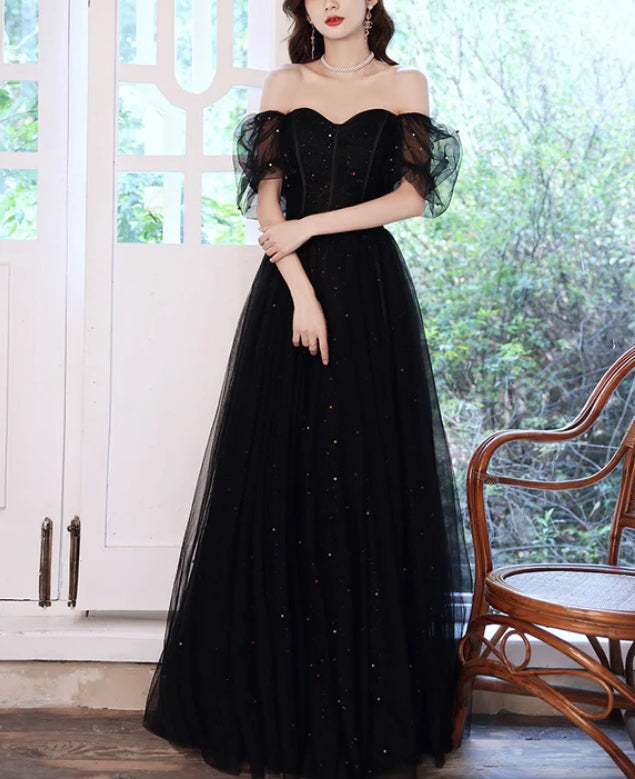 Luolandi Black Off Shoulder Tulle Long Party Dress A-line Long Prom Dress Short Sleeves Elegant Evening Dress