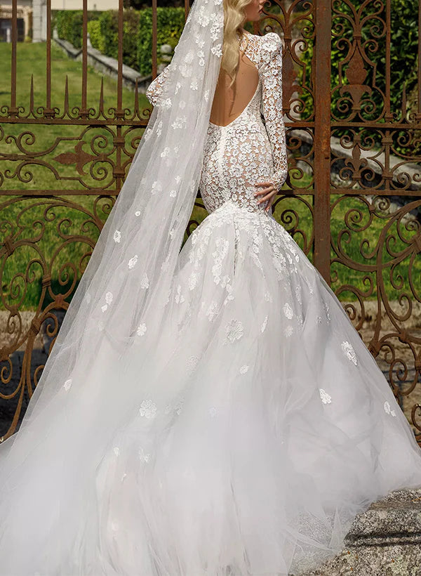 Luolandi Long Sleeves Lace Wedding Dress With Back Hole Floor Length with Appliques Elegant Without Wedding Veil