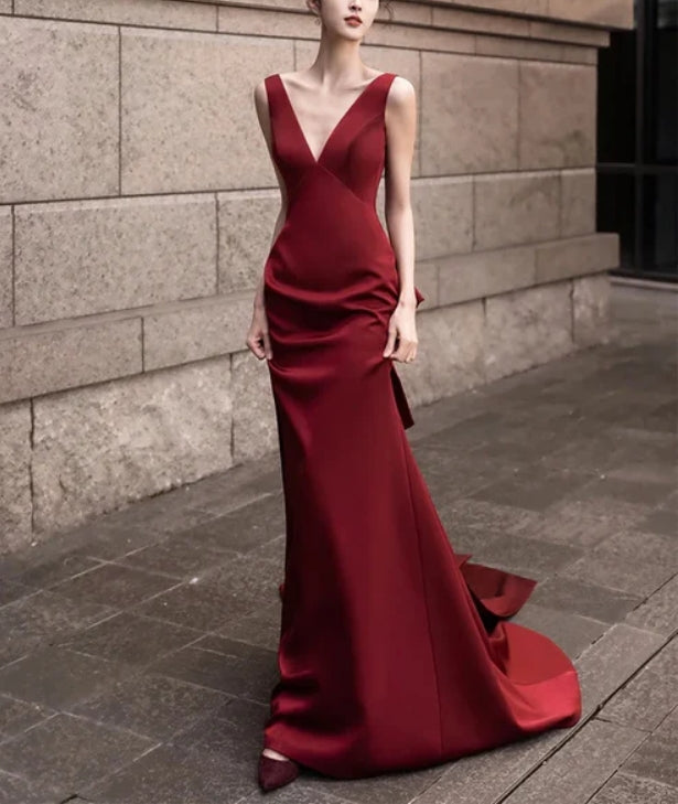 Luolandi Burgundy V-Neck Satin Backless Long Prom Dress Evening Party Dress Elegant