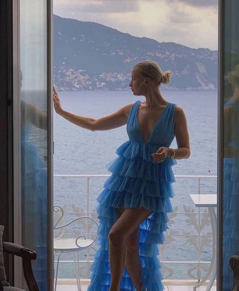 Luolandi Blue V Neck High Low Tulle Party Dress Homecoming Dress Charming Formal Dress