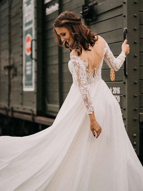Luolandi Elegant A-line Lace Wedding Dresses with Long Sleeves Beautiful Bridal Gown