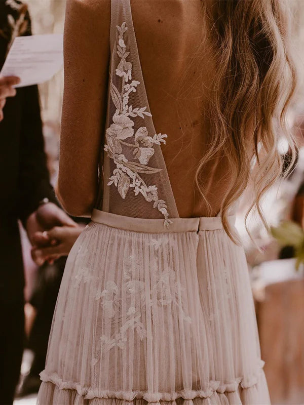 Luolandi Charming V-neck Tulle Wedding Dresses A-line Appliqued Bridal Gowns Elegant