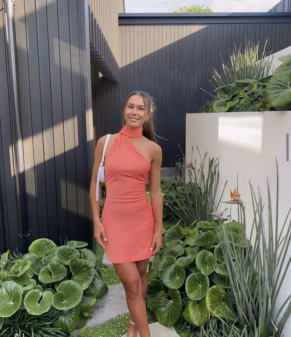 Luolandi Coral Halter Backless Sheath Sexy Short Party Dress Homecoming Dress Solid Color