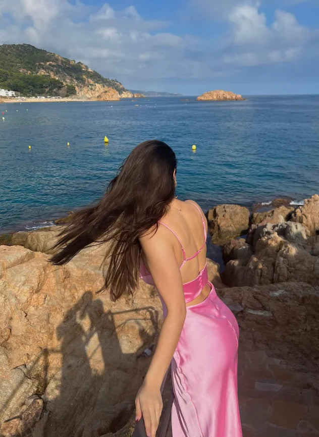 Luolandi Pink Satin Prom Dress Long Evening Dress Simple Party Dress Formal Dress