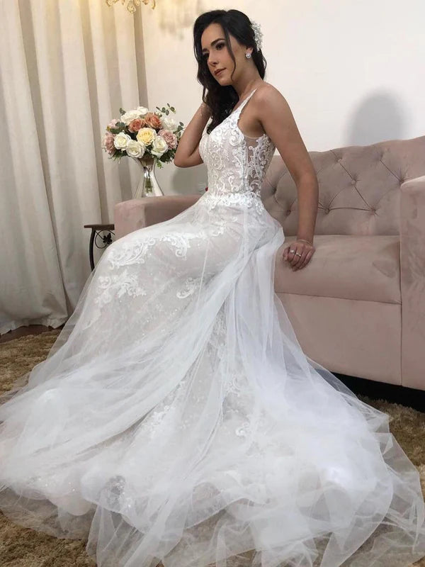 Luolandi Fabulous V-Neck Backless Appliques Tulle Mermaid Wedding Dresses Floor Length Beautiful