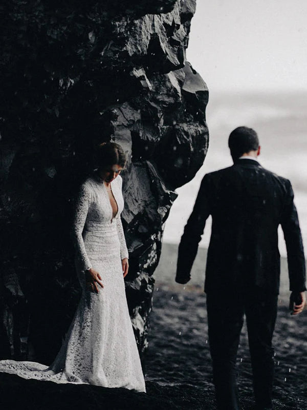 Luolandi Long Sleeves Mermaid Wedding Dresses Lace Bridal Gowns Floor Length Elegant