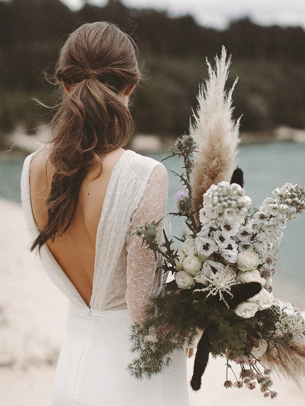 Luolandi Elegant Illusion Long Sleeves V-Neck Tulle Backless Wedding Dresses Formal Dress