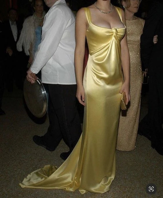 Luolandi Yellow Straps Satin Long Party Dress Formal Evening Dress Floor Length Sexy