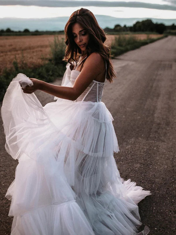 Luolandi Sexy Halter Backless Tulle Wedding Dresses A-line Bridal Gowns Floor Length Charming