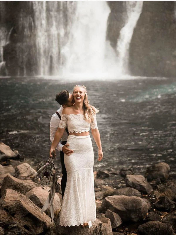 Luolandi Gorgeous 2 Pieces Lace Wedding Dresses Mermaid/Trumpet Gowns Off Shoulder